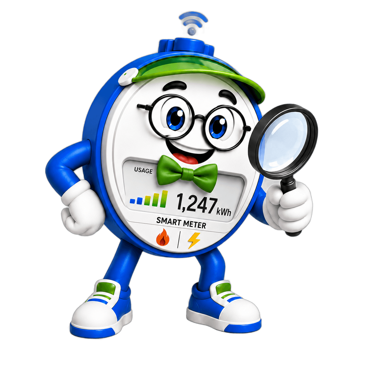 MeterMiser mascot inspecting rates with a magnifying glass
